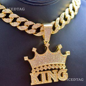 Iced OUt Gold Plated Crowned King, Cuban Chain Set
